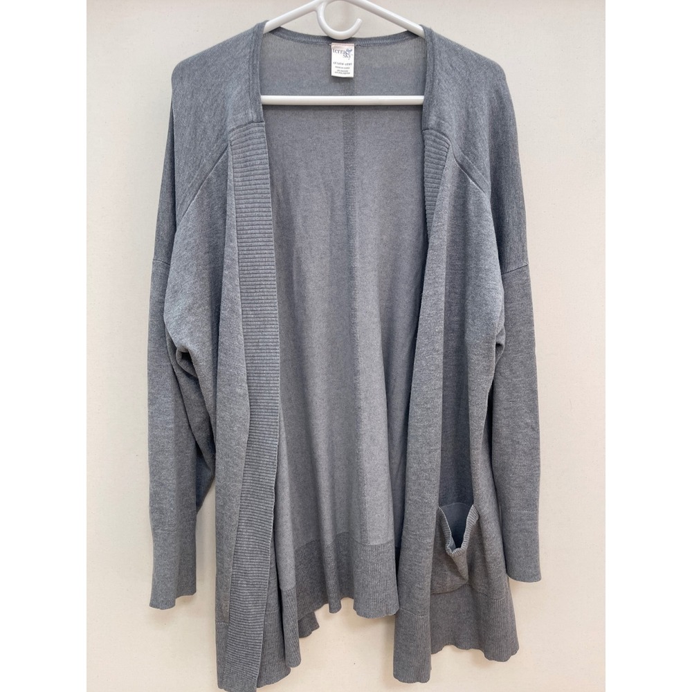 Terra & Sky Womens 1X Heather Gray Open Front Cardigan Sweater Pockets Ribbed